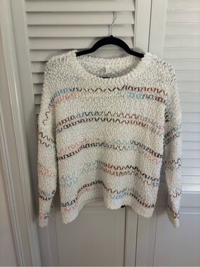 Cozy Cream Textured Knit Sweater with Pastel Stripe Detail